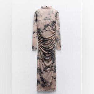 Zara Printed Tulle Turtleneck Long Sleeve Dress